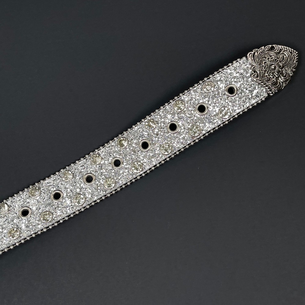 Vintage Rhinestone Western Belt Womens 30/32 Silver Studded Floral Buckle Rodeo - Picture 7 of 10